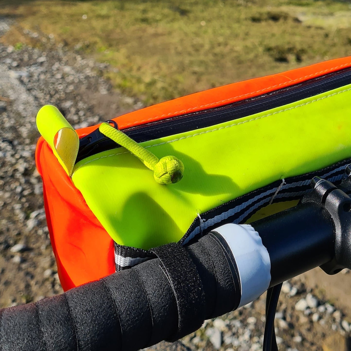 Bike Handlebar Bag - Upcycled Fluoro Orange and Yellow Twin Stripe