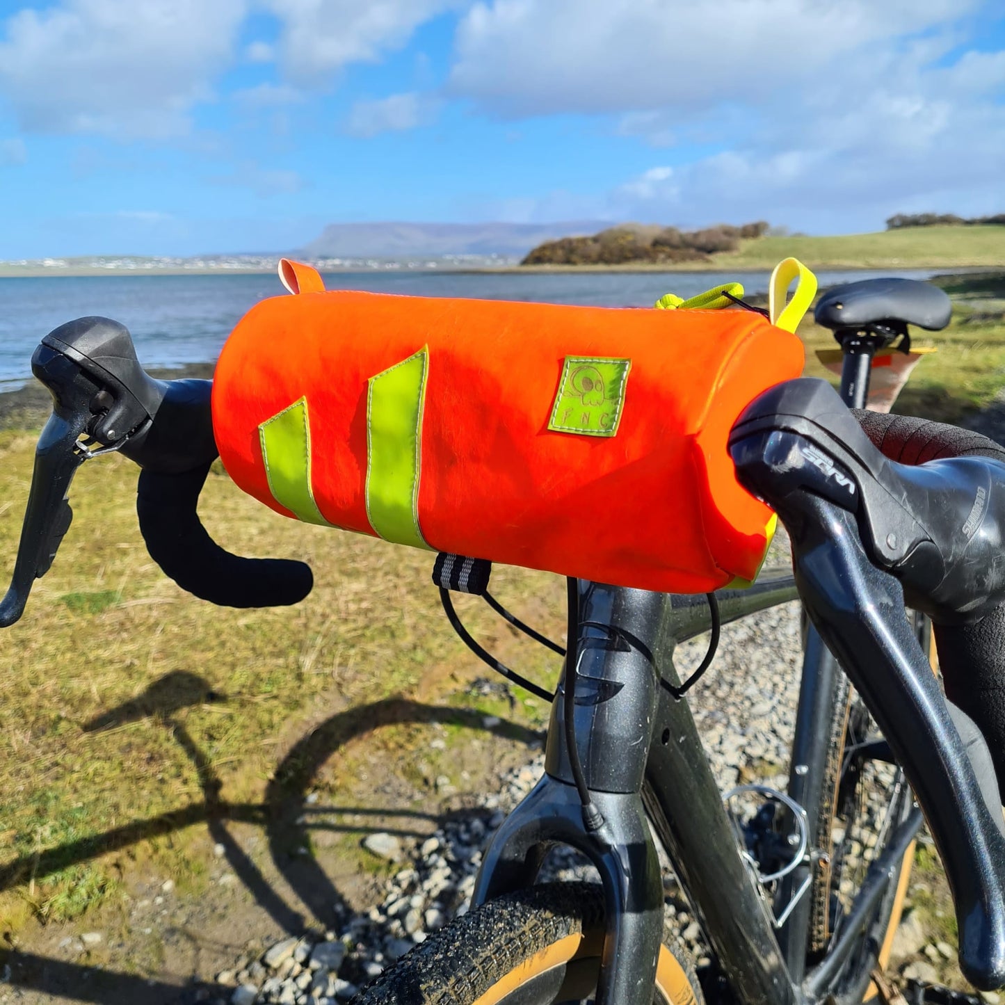 Bike Handlebar Bag - Upcycled Fluoro Orange and Yellow Twin Stripe